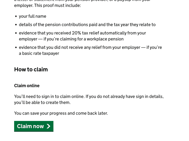 Claim now button on HMRC website