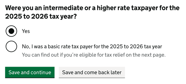 Form asking if you were an intermediate or higher rate taxpayer