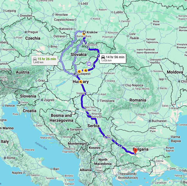 Route from Krakow to Plovdiv